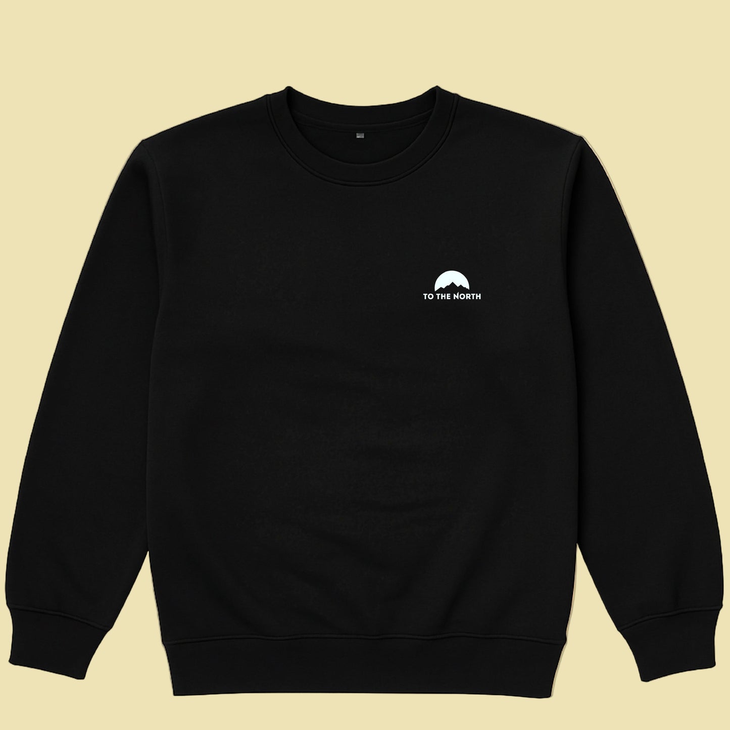 Black sweatshirt with 'To The North' logo on a beige background