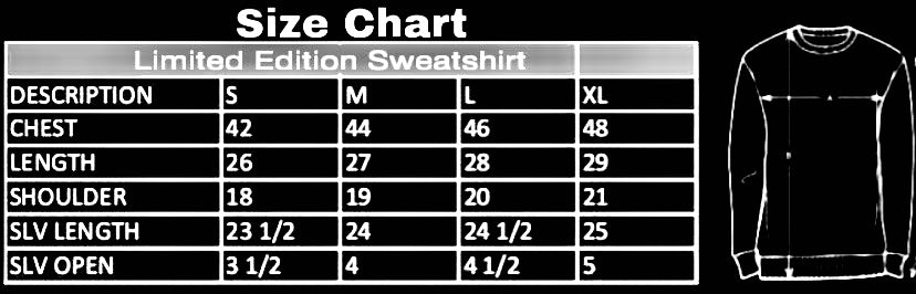 Size chart for a limited edition sweatshirt with measurements in inches.