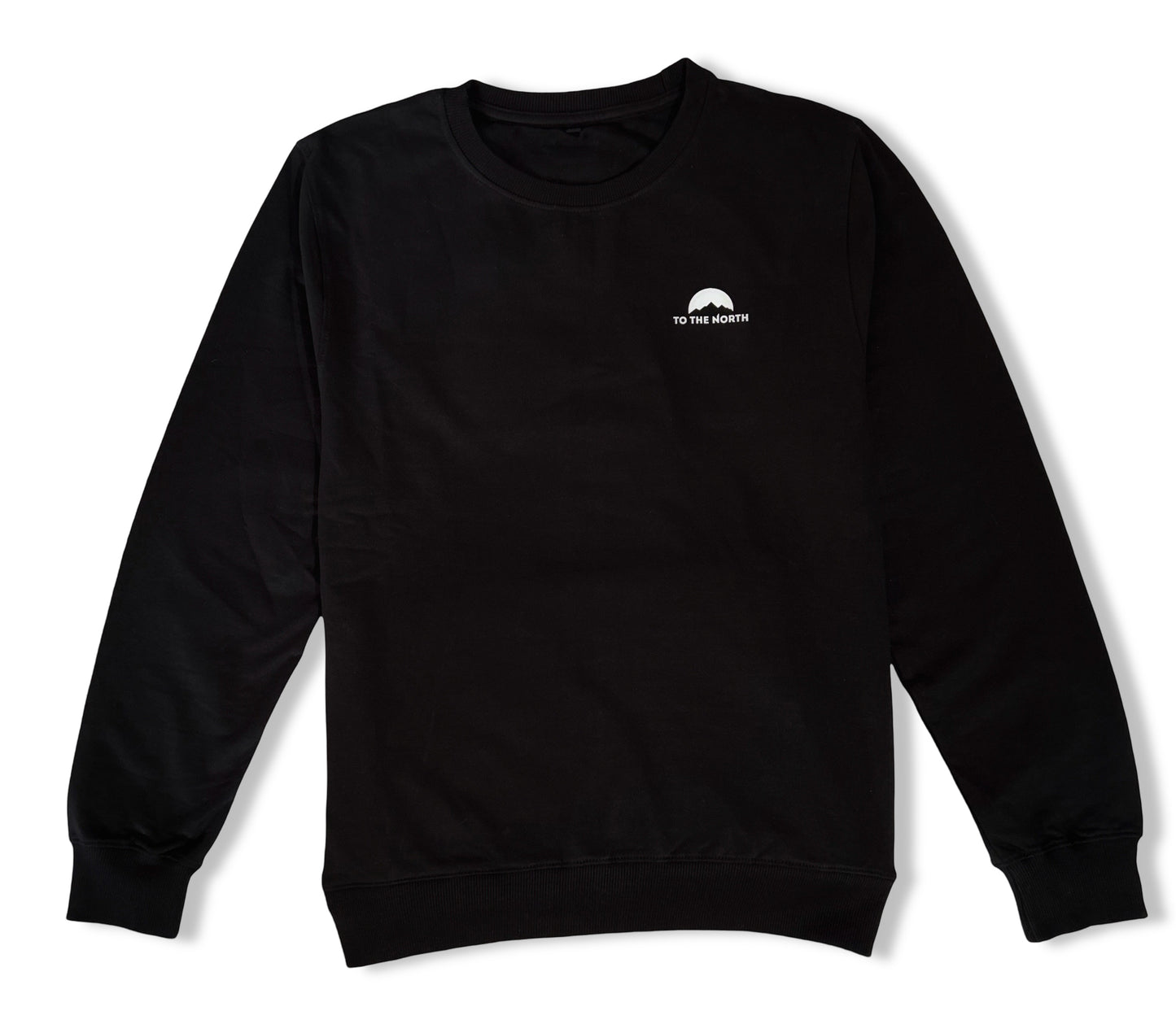 A black relaxed fit sweatshirt with a small logo on the upper left front side.